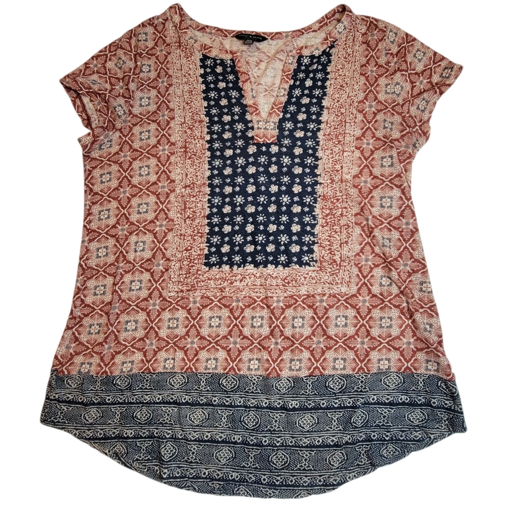 Lucky Brand Boho Mixed Print Rust Navy Cotton Modal Top Womens Medium